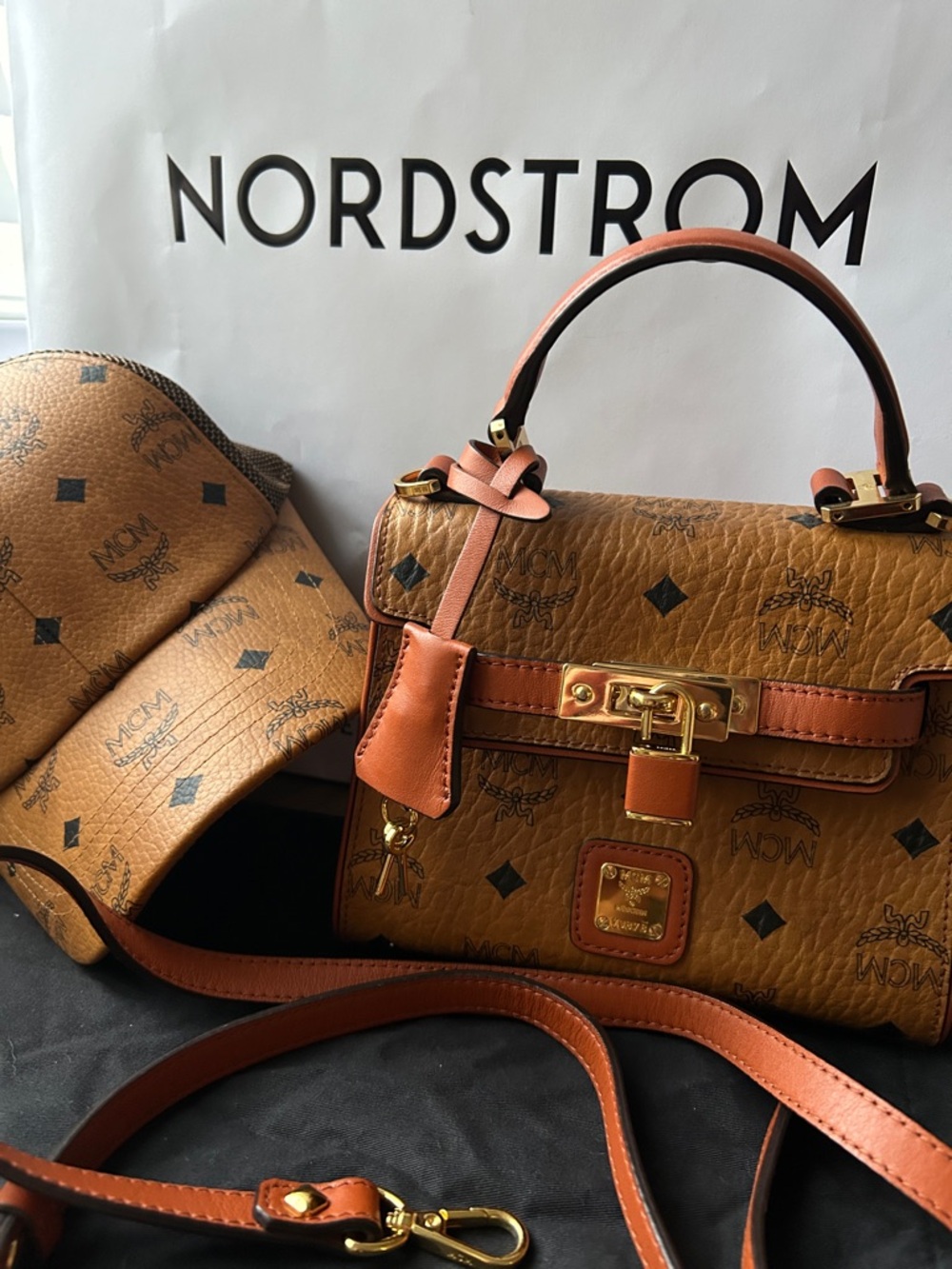 MCM Cognac Visetos Small Top Handle Satchel with Gold Hardware